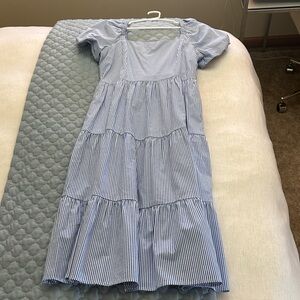 J Crew Striped Blue & White Tiered Midi Dress